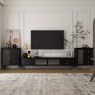 Second-Hand American Tv Cabinet Black Retro Furniture Side Cabinet Second-Hand Light Luxury Solid Wood French Tv Side Cabinet Combination