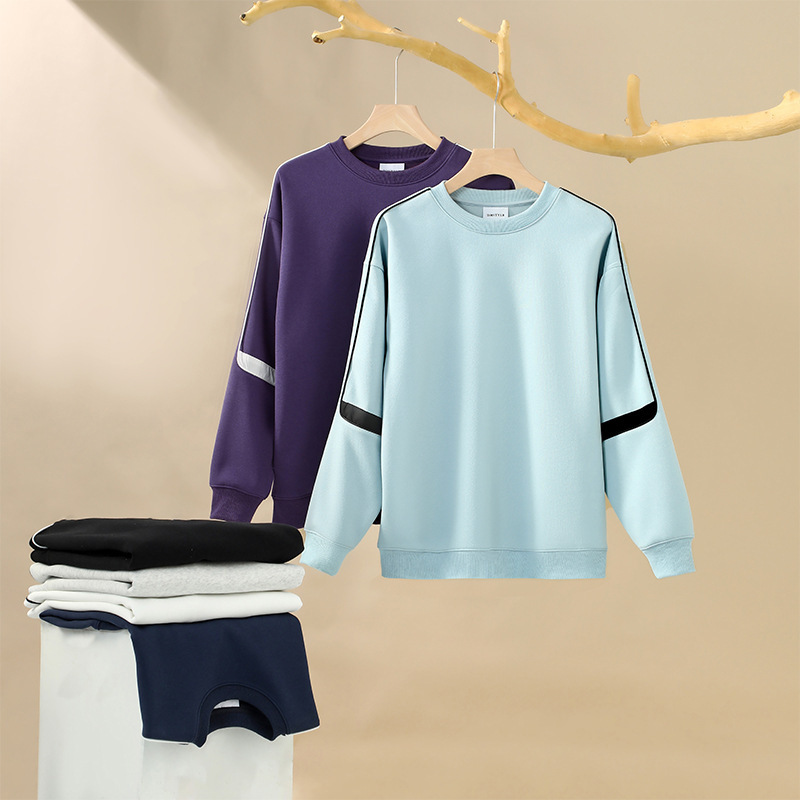 Early autumn new blockbuster 380g tide cotton composite color matching round neck shoulder sweater women's loose casual couples jacket