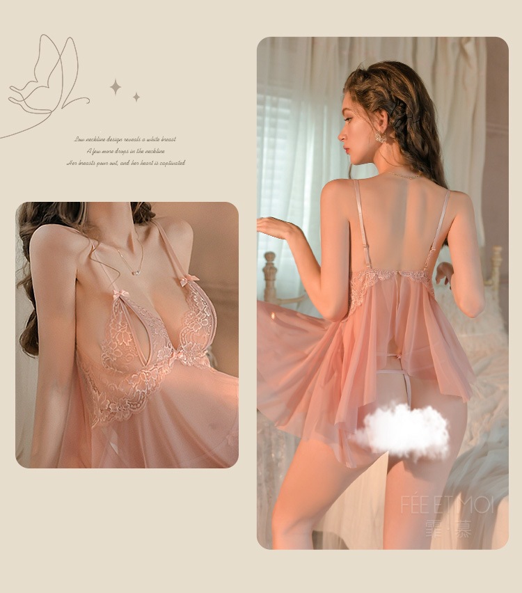 Feimu Nighttime Dream Lace Sheer Nightdress with Matching Thong, See-through Mesh, Open Crotch, One Size — detail image 18