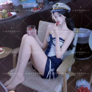 尘世梦 小众海军假日风高弹修身辣妹抹胸拼接条纹露背套装2026春