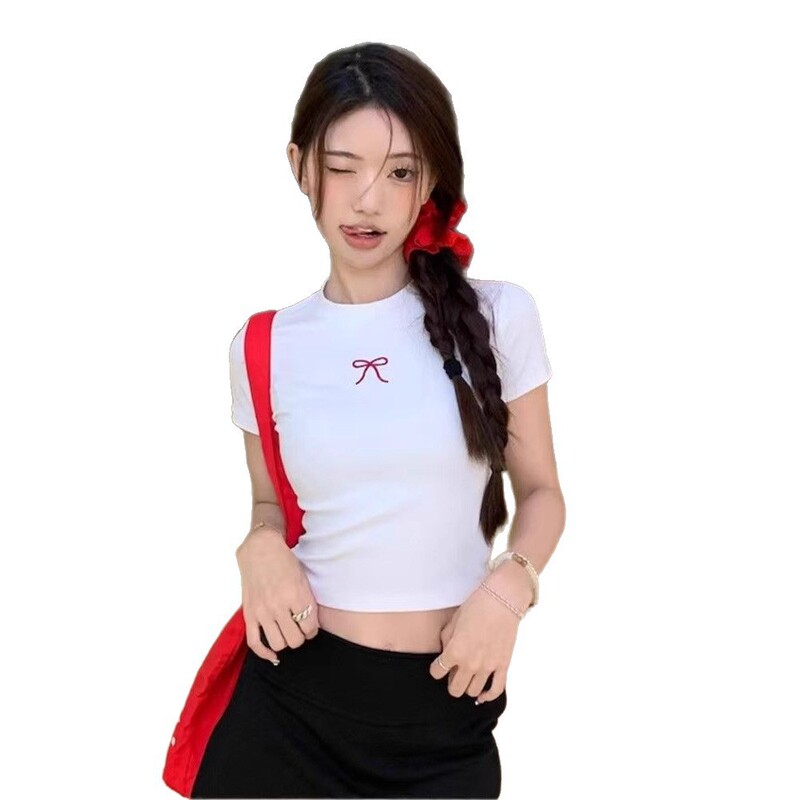 辣妹简约蝴蝶结高级感短袖新款美式休闲正肩显瘦T恤上衣服辣妹潮|undefined