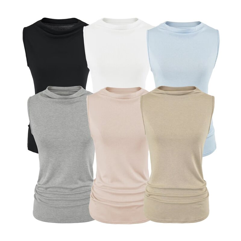 Siren Style Small High Collar Cutout Shoulder Vest for Women, Spring/Summer Half-High Collar Stretchy Base Shirt, Versatile Slim Fit Sleeveless Top