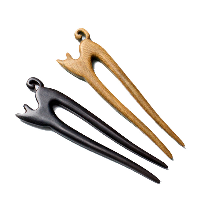 Retro style hairpin classical raccoon ethnic style hair accessories Chinese style green sandalwood Ebony handmade hairpin modern minimalist style