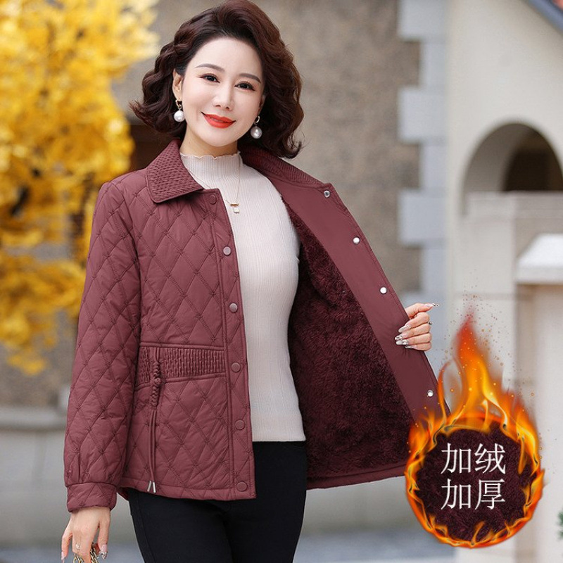 时尚妈妈翻领加绒棉服外套秋冬新款洋气高贵轻薄棉衣中老年上衣女|undefined