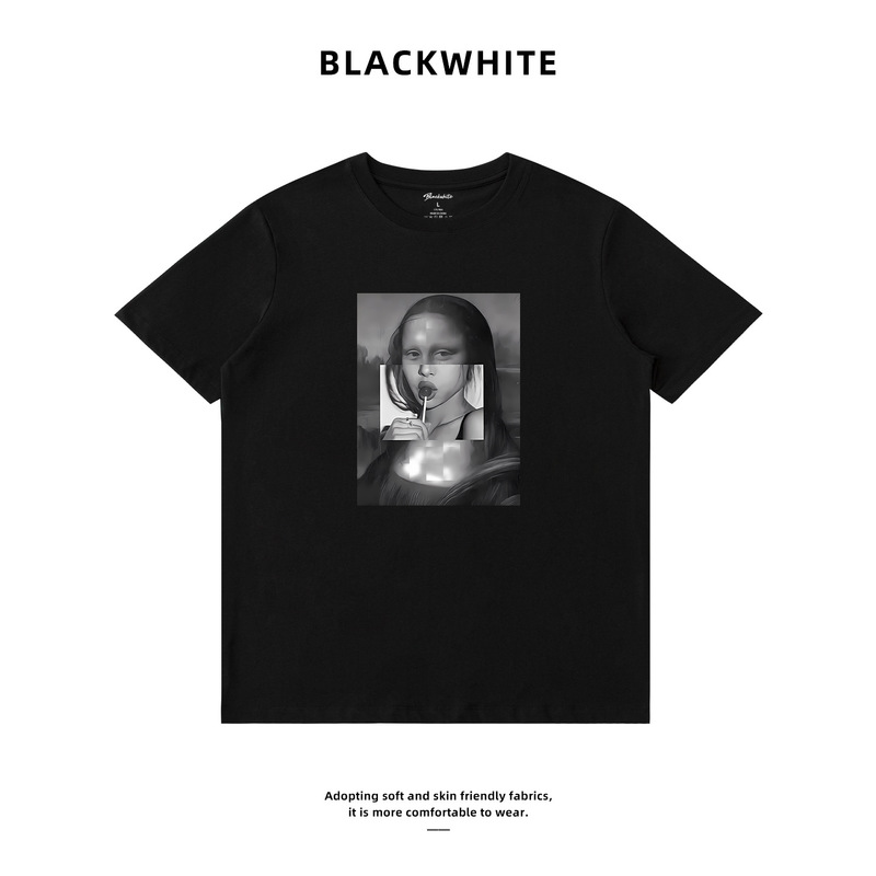 Original American-Style Spoof Mona Lisa Print T-Shirt, Loose Short-Sleeved Summer New Style, Quirky and Versatile Top C38