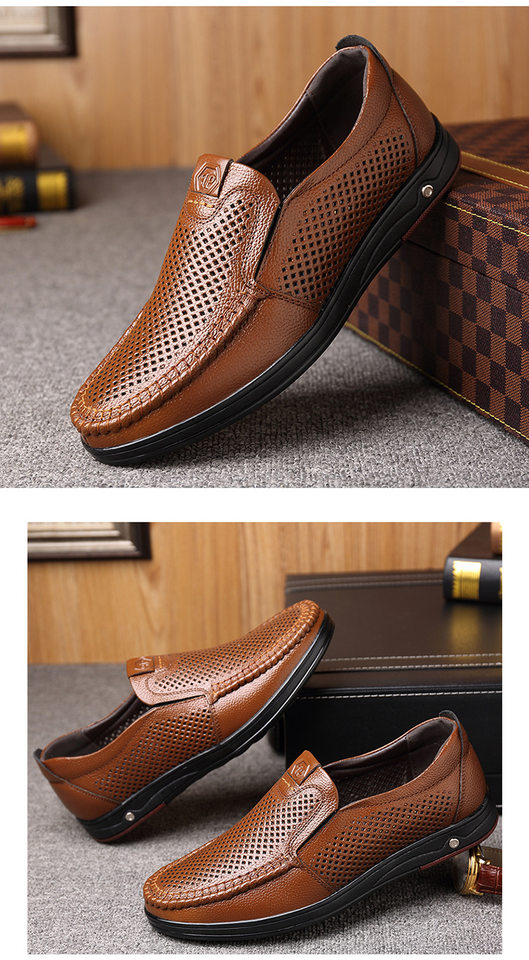 Giày lười nam da bò thoáng khí đục lỗ mũi nhọn đế mềm chống trượt gót 1–3 cm — Màu nâu, Màu đen chi tiết 20