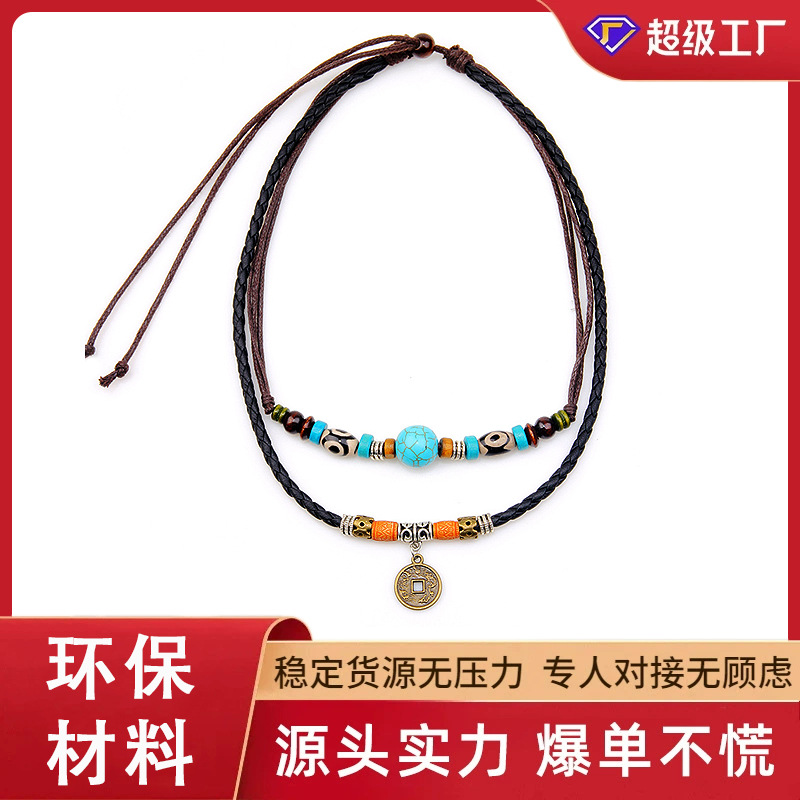 Factory direct wholesale European and American turquoise personality retro coin pendant necklace simple men's necklace jewelry