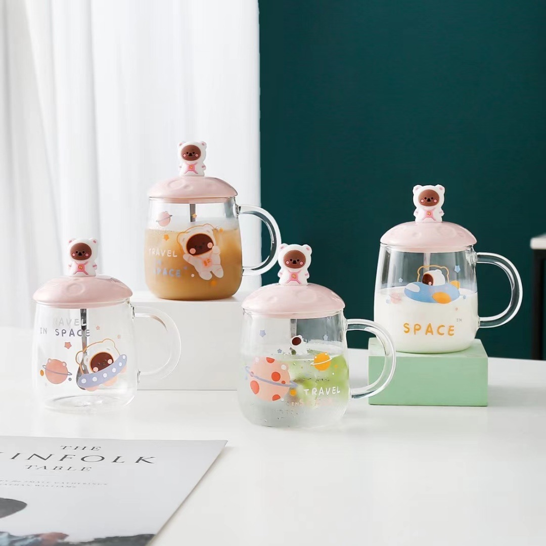 Lindo oso astronauta taza planeta personalidad vidrio Shake taza con tapa cuchara taza de café