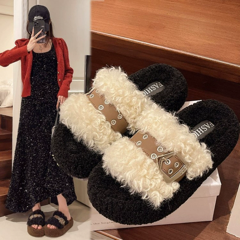 Летние 2025 новые стильные плюшевые тапочки на толстой подошве с мехом для улицы, ретро с пряжкой, открытые хлопковые тапочки