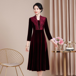 New Cheongsam Dress Women's Dress Gold Velvet Dress Nine-Quarter Sleeve Long Spring Autumn Winter Burgundy Mother's Dress