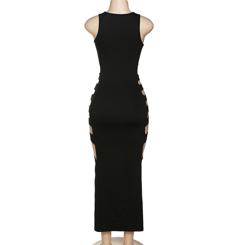 2024 Summer Women's New Fashion Hollow Low Neck High Waist Bodycon Slit Slim Long Dress_ecoleips.com