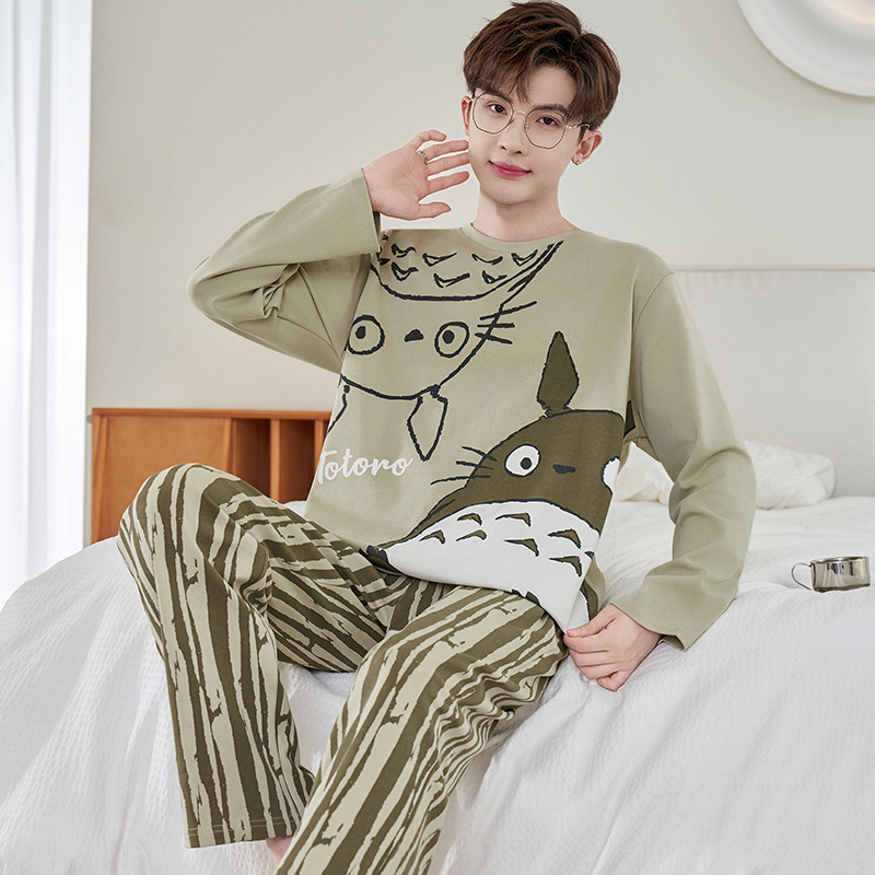 2025 New Men's Pajamas Spring and Autumn Long Sleeve Male Student Home Clothes Cartoon Teenagers Loose and Plaid Suit