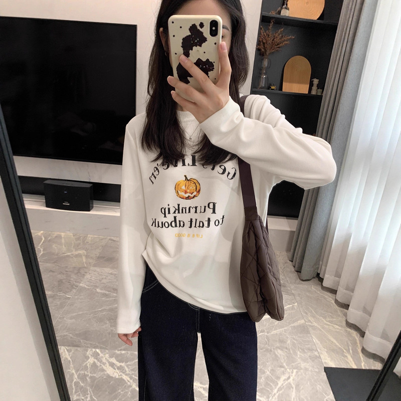 Dori Brand~ Thickened Fleece Brushed Pumpkin-Colored Long-Sleeve T-Shirt, 2025 Autumn and Winter Warm Round-Neck Versatile Base Layer Shirt
