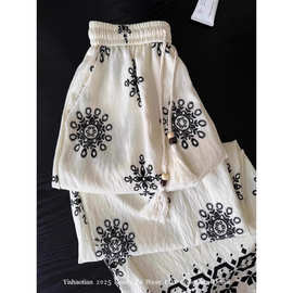 度假风复古印花抽绳阔腿裤女2025夏新款宽松高腰显瘦直筒休闲长裤