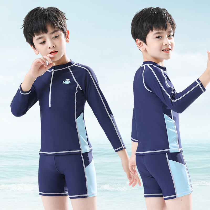 Children's Swimwear Boys' Small Middle and Large Children's Cute Cartoon Split Long Sleeve Sun-proof Quick-drying Swimsuit Summer Swimwear