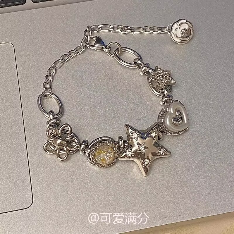「Stars Within Reach」ヘビーデューティーポイントドリルスターラブボタンブレスレット韓国風ライトラグジュアリーメタリックライトラグジュアリーブレスレット女性用|undefined