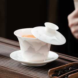 白瓷盖碗茶杯羊脂玉功夫茶具杯高档轻奢陶瓷泡茶悬停盖碗手绘盖杯