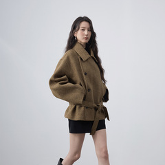Lem スタイル 2025 ショートレースアップウールコート女性のための秋と冬ワイドバージョンルーズ痩身ウールコート女性のための