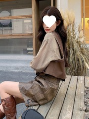 新品穿搭洋气时尚套装女秋2025新款小个子马甲衬衫皮短裙三件套