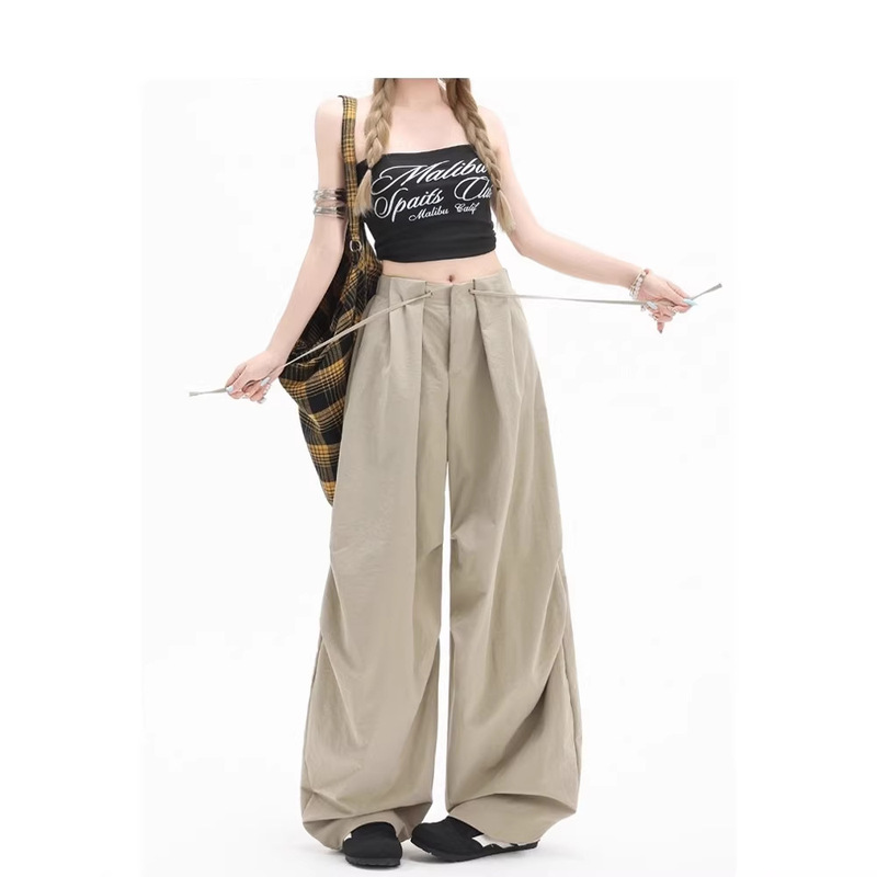 American High Street Khaki Workwear Casual Pants for Women 2026 New High-Waisted Wide-Leg Quick-Dry Paratrooper Pants Trendy