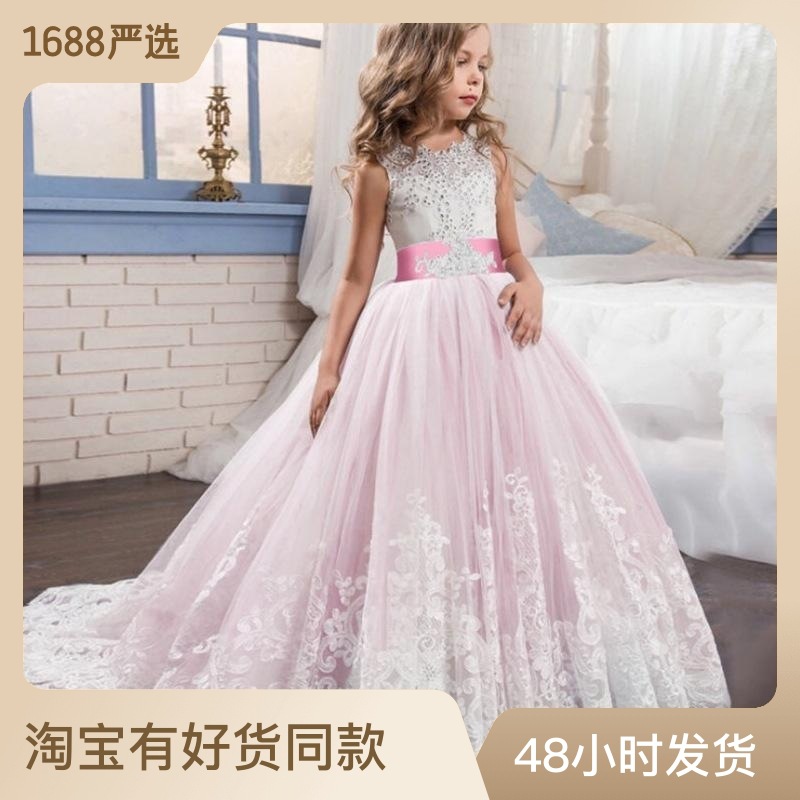 亞馬遜外貿兒童禮服 新款女童婚紗蓬蓬公主裙 蕾絲花童走秀禮服裙