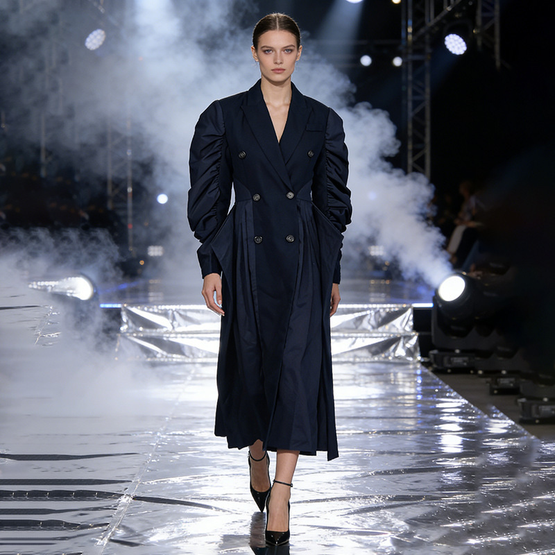 Navy Blue Double-Breasted Long Trench Coat 2026 Summer New Women's Pleated Puff Sleeve Waist-Cinching Modern Coat for Women