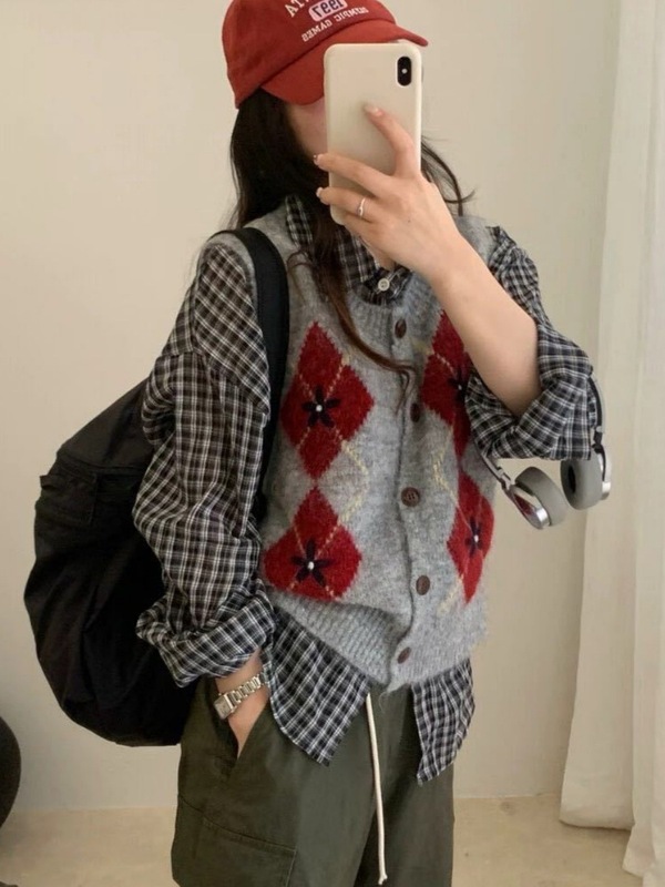 韩系复古风菱格撞色针织马甲女秋冬新款叠穿百搭背心开衫上衣1255|undefined