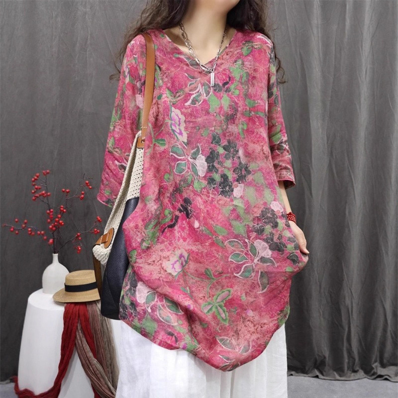 2025 Cross-Border New Spring and Summer Literary Retro Printed Shirt Casual Loose Mid-Sleeve V Neck Mid-Length Dress