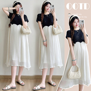Real Shot of Maternity Wear 2025 Summer New Style Starry Sky Hot Diamond Stitching Organza Fake Two-Piece Maternity Dress