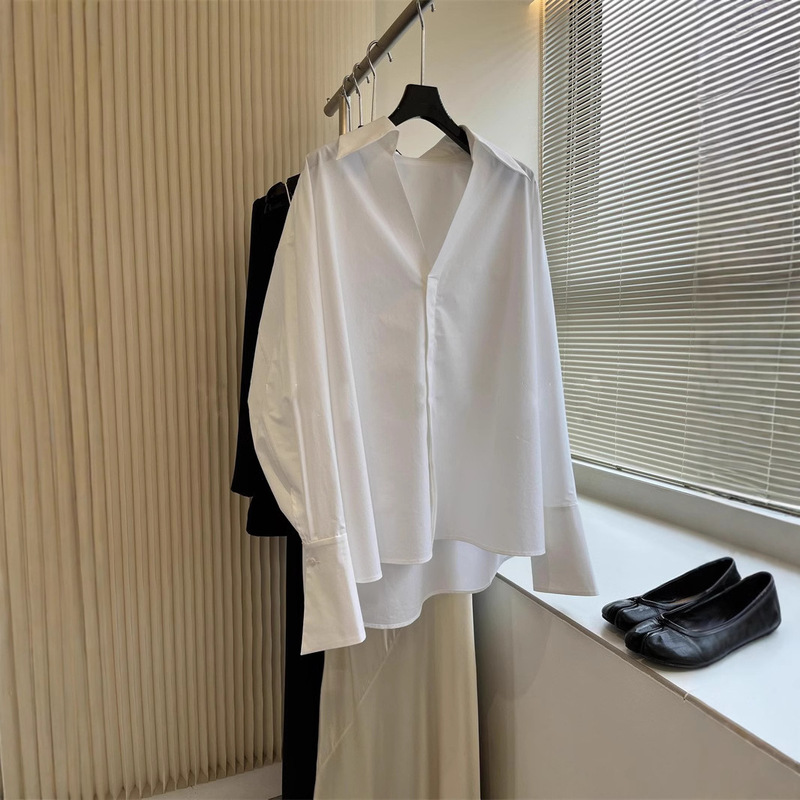 Ready-Made, Stylish and Easy-To-Match Design, Large V Neck Loose Cocoon-Shaped Long-Sleeved White Shirt, Dropshipping
