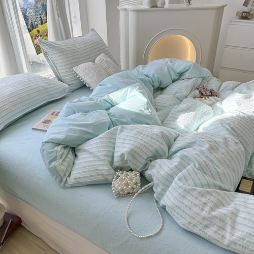 Small fresh seersucker 100 washed cotton bed four-piece set ins style bed sheet quilt cover dormitory three-piece bedding set