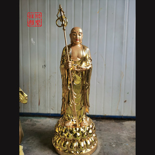 Brass Gilt Standing Buddha Statue of Ksitigarbha Bodhisattva from Mount Jiuhua, Xiangshi, Home Decor Figurine, Premium Custom-Made Model