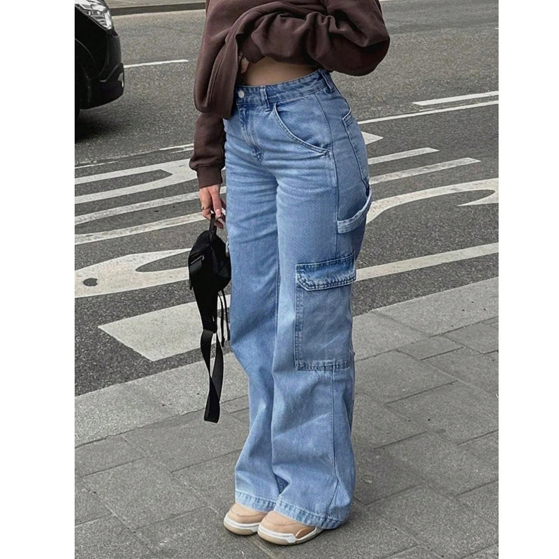外贸跨境美式高街工装女式高腰弹力多口袋牛仔长裤百搭个性牛仔裤|undefined