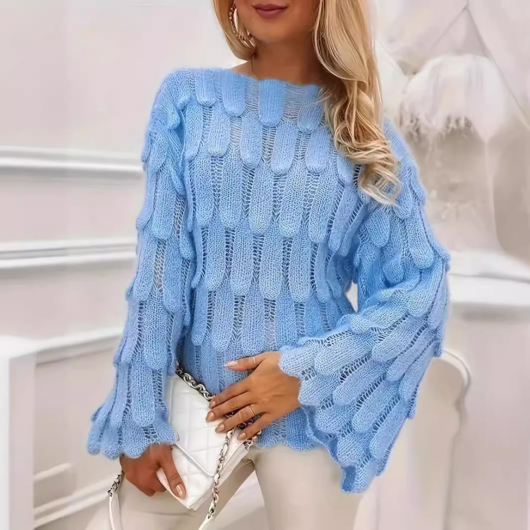 Vêtements pour femmes Printemps et automne pull ample en plumes chic style occidental à manches longues haut de style paresseux creux pull tricoté polyvalent pour femmes_voghion.com