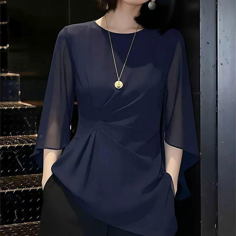 Elegant Commuter Style Navy Blue Chiffon Shirt for Women, New Summer Style, Mid-Sleeve, Waist-Cinching, Flowing, Stylish, Age-Reducing Base Shirt Top Elegant Commuter Style Navy Blue Chiffon Shirt for Women, New Summer Style, Mid-Sleeve, Waist-Cinching, Flowing, Stylish, Age-Reducing Base Shirt Top