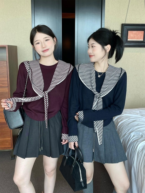 学院风灰色条纹披肩长袖针织衫女秋季韩系穿搭chic别致慵懒风上衣|undefined