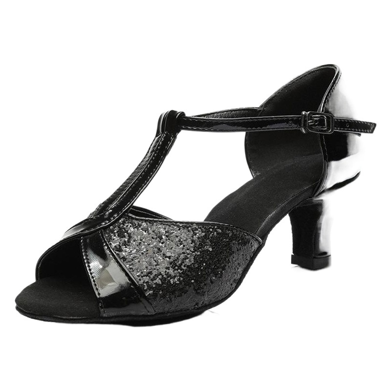 New Latin Dance Shoes Women's Adult Mid-heel Soft-soled Dance Shoes GB Cha Cha High-heeled Women's Black Dance Shoes