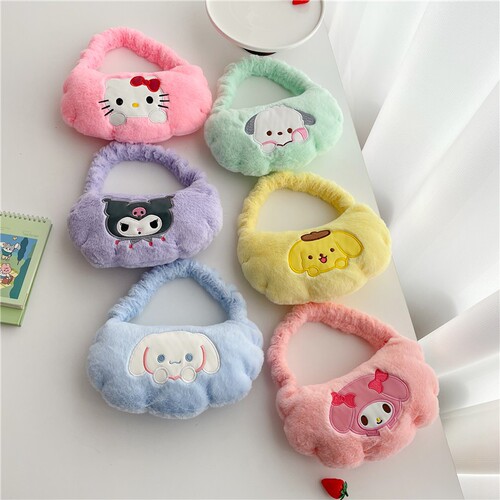 Sanrio Plush Cartoon Handbag Kuromi Shoulder Cosmetic Bag Winter New Style Girls Soft Cute Underarm Bag