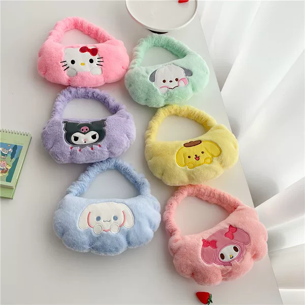Sanrio Plush Cartoon Handbag Kuromi Shoulder Cosmetic Bag Girls Soft Cute Underarm Bag Manufacturer Wholesale