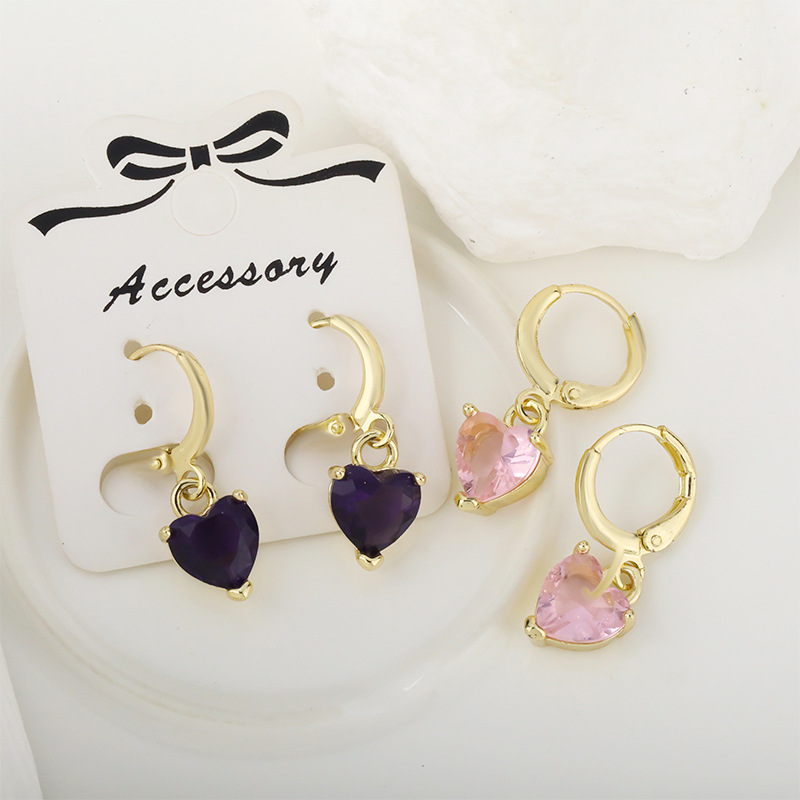 Zircon Inlay Material 1 Pair Shiny Heart Shape Inlay Copper Zircon Drop Earrings