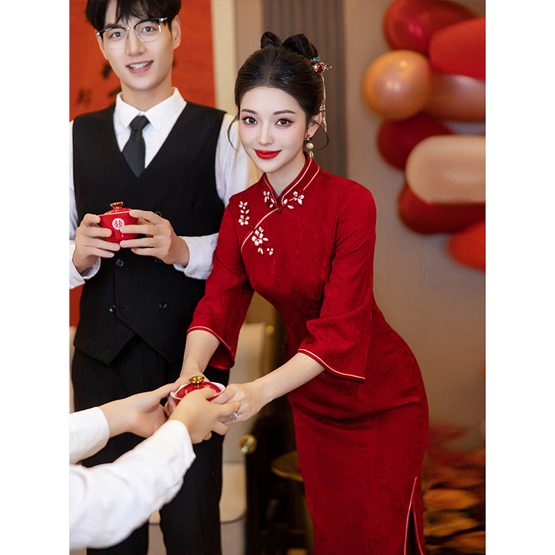 Inverted Large Sleeve Cheongsam Toast Dress Bride Red Chinese Engagement Dress Wedding Day Dress Autumn and Winter Long Sleeve Inverted Large Sleeve Cheongsam Toast Dress Bride Red Chinese Engagement Dress Wedding Day Dress Autumn and Winter Long Sleeve