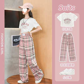 女童夏装短款T恤运动套装2024新款中大童格子裤长裤韩版两件套潮