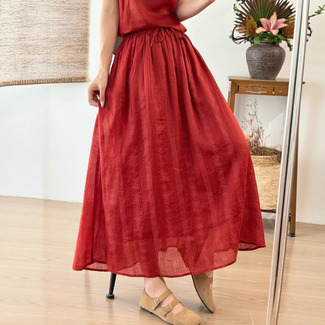 Ramie Skirt 2025 New Summer Style Large Hem Elegant Long Skirt Women's Literary Retro Rubber Printed A-Line Skirt