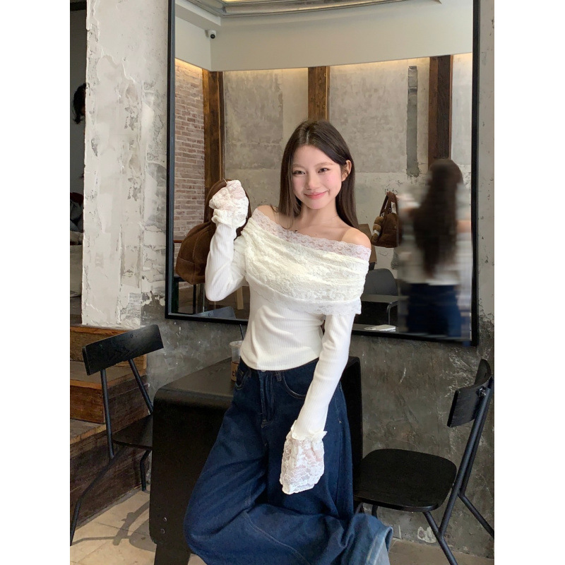 Fat Qiqi ~ Sexy Spice Shoulder Korean Lace Sweet Spicy Knitted Shirt Women's Long Sleeve Slim Design Top