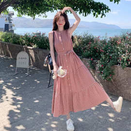 复古高腰蛋糕裙女夏季无袖格纹系带衬衫裙