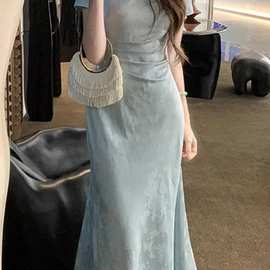 新中式复古改良旗袍女夏季暗纹提短袖连衣裙长裙2025图片色印花
