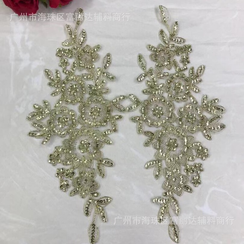 Fashionable New Kidsren's Clothing Wedding Dress Lace Thorn Car Bone Gold Thread Sequins Embroidered Pair of Flowers DIY Semi-finished Lace
