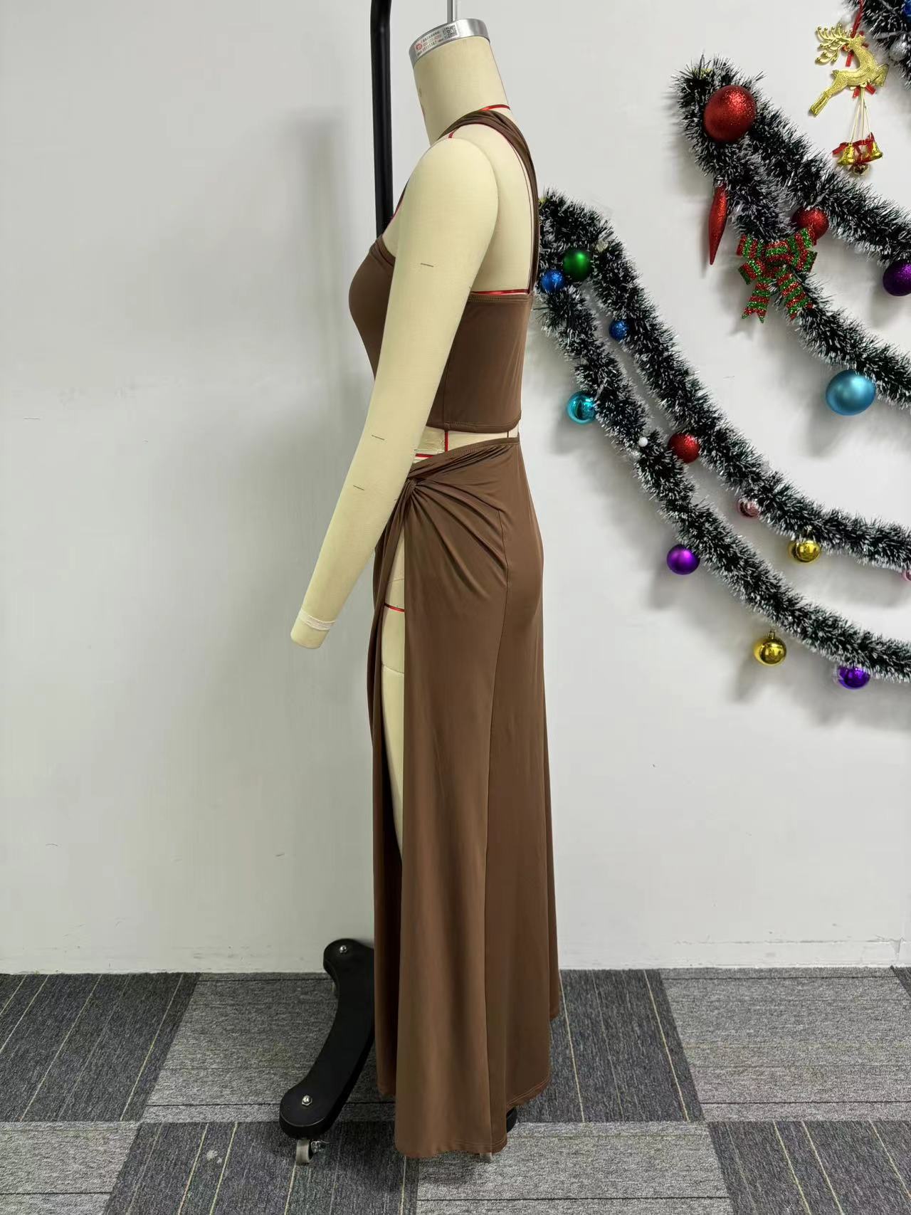 Solid Color off Shoulder Short Top Large Slit Long Skirt Two Piece Set 9 Solid Color off Shoulder Short Top Large Slit Long Skirt Two Piece Set