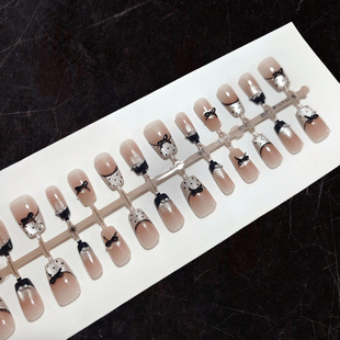 Wearable Nails, 30 Pieces, Full Set T042 Black Loli Short Ladder Wave Dot Bow Blush, Brightening Complexion, Elegant Girly Manicure