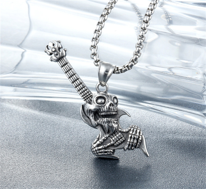 European and American Personality Punk Gothic Skull Electric Guitar Men's Titanium Steel Stainless Steel Pendant Necklace Trendy Accessories